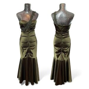 Forest Fairy Satin Beaded Evening Formal Mermaid Dress Y2K Gala Prom Size 10